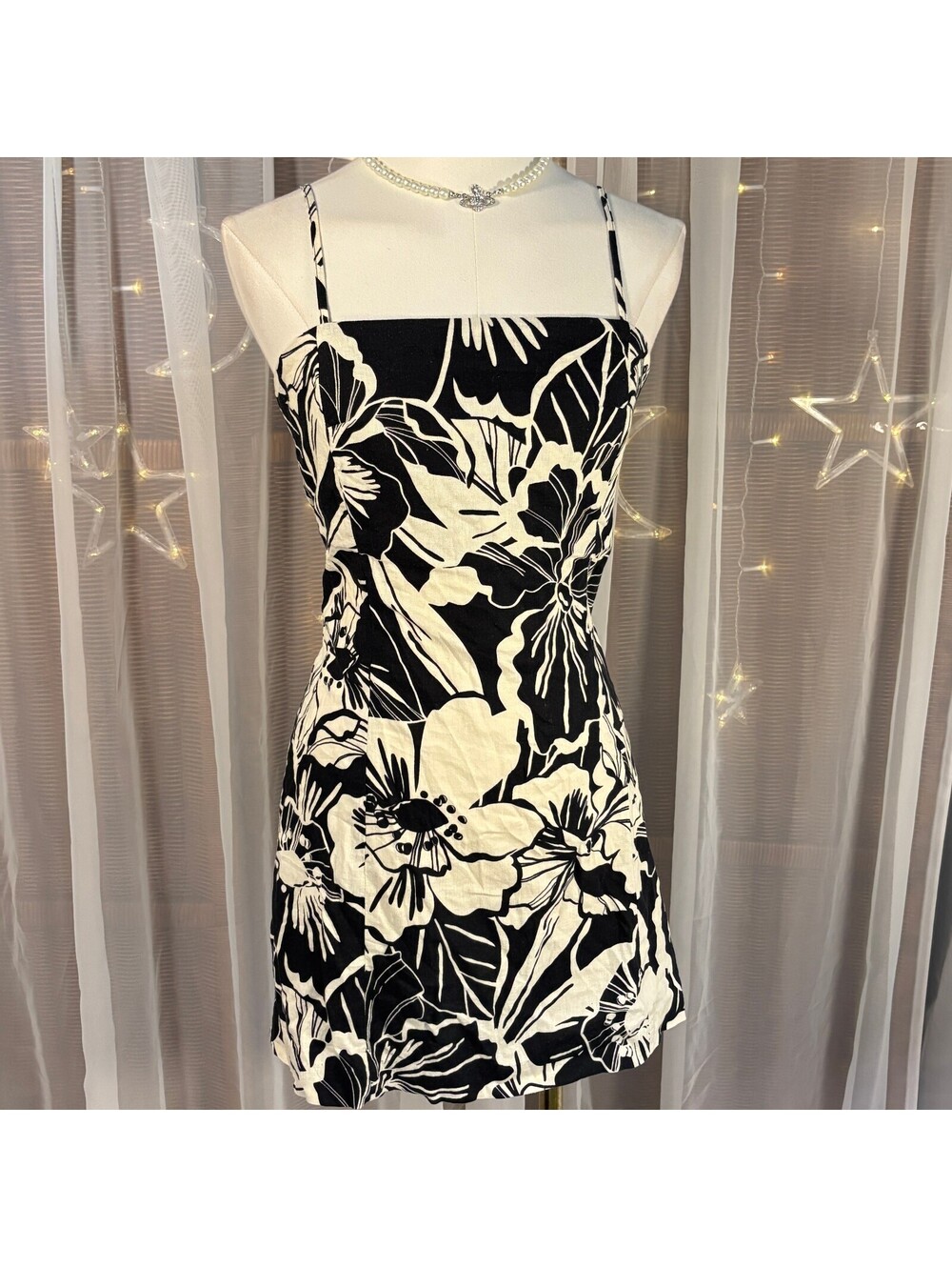 GAP Linen Blend Floral Mini Dress XXS Black White Tropical Strappy NWT Resort - Picture 1 of 8